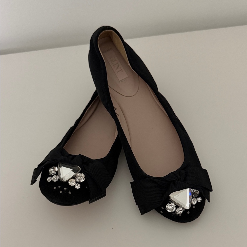 Glint Black Satin Flats with Crystal Embellishments